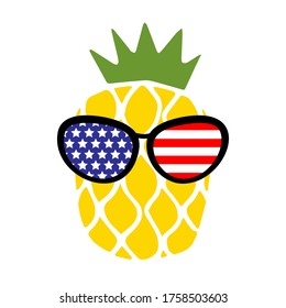 Patriotic pineapple icon isolated on white background. Symbol of 4th of July. American Flag. Merica sunglasses, stamp, tattoo, concept for Independence Day. T-shirt design. Vector illustration.