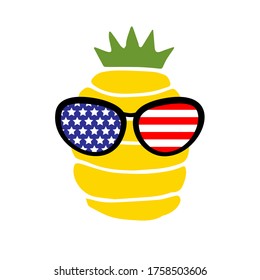 Patriotic pineapple icon isolated on white background. Symbol of 4th of July. American Flag. Merica sunglasses, stamp, tattoo, concept for Independence Day. T-shirt design. Vector illustration.