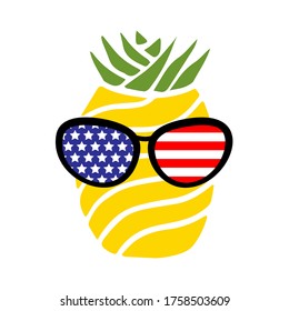 Patriotic pineapple icon isolated on white background. Symbol of 4th of July. American Flag. Merica sunglasses, stamp, tattoo, concept for Independence Day. T-shirt design. Vector illustration.