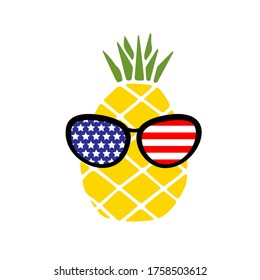 Patriotic pineapple icon isolated on white background. Symbol of 4th of July. American Flag. Merica sunglasses, stamp, tattoo, concept for Independence Day. T-shirt design. Vector illustration.