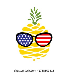 Patriotic pineapple icon isolated on white background. Symbol of 4th of July. American Flag. Merica sunglasses, stamp, tattoo, concept for Independence Day. T-shirt design. Vector illustration.