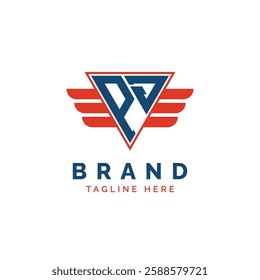 Patriotic PJ Logo Initials. Letter PJ Winged Logo. Red and Blue Triangle PJ with Wing for Aviation, Delivery Services, Sports, Military and Security Agencies