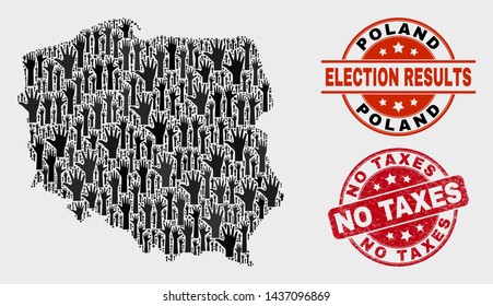 Patriotic Poland map and seals. Red round No Taxes grunge seal stamp. Black Poland map mosaic of raised raising arms. Vector collage for election results, with No Taxes seal stamp.