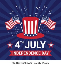 A patriotic poster for 4th of july independence day. The poster features a hat with two American flags on top and a red and white hat