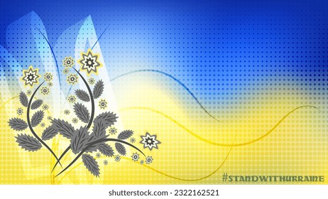 Patriotisches Poster mit ukrainischen Symbolen. Schöne Blumen auf blaugelbem, strukturiertem Hintergrund. Vektorgrafik.