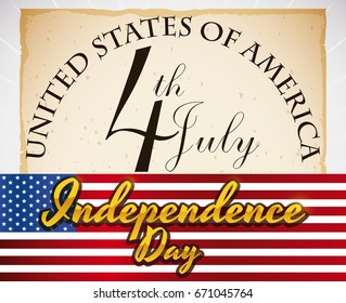 Patriotic poster with the U.S.A. flag and a ancient scroll with a handwritten reminder date for Independence Day celebration in July 4.