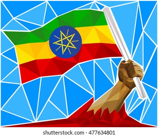 Patriotic Powerful Man Arm Raising The National Flag Of Ethiopia