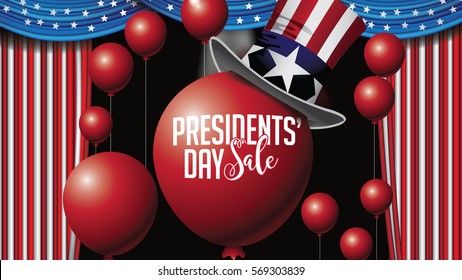 Patriotic President Day Sale background template with balloons and American flag curtains. Marketing frame with copy space for celebration of Presidents Day. In 16 9 ratio. EPS 10 vector.