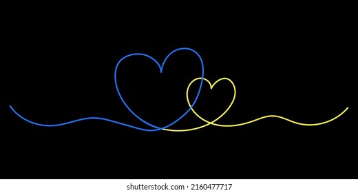 Patriotic print on the black background. Blue and yellow hearts drawn in one line. Minimal style. Vector illustration.