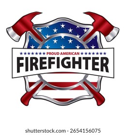Patriotic proud American firefighter emblem with the American fag. Metallic red white ad blue colored firefighter Maltese cross with axe and flag 