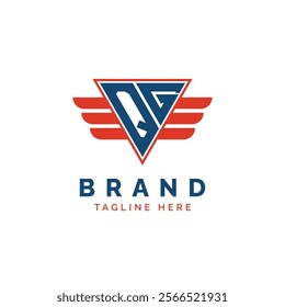 Patriotic QG Logo Initials. Letter QG Winged Logo. Red and Blue Triangle QG with Wing for Aviation, Delivery Services, Sports, Military and Security Agencies