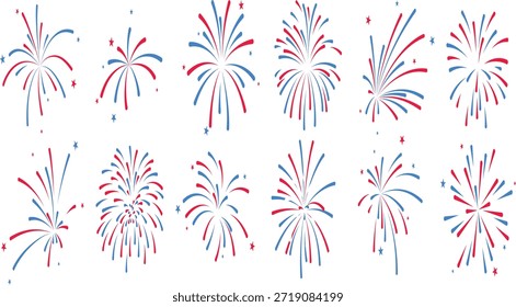 Patriotisches rotes und blaues Feuerwerk bricht Vektorsatz. Handgezeichnete Symbole und Symbole für die festliche Explosion einzeln 