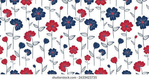 patriotic red and blue flower seamless pattern on white background for 4th of july, american independence day, festive summer textile, wrapping paper design
