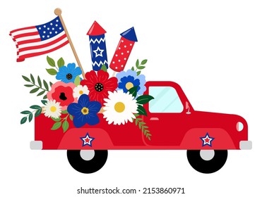 Patriotic red floral truck with holiday crackers and US flag illustration. Isolated on white background. 4th of July themed festive card design.