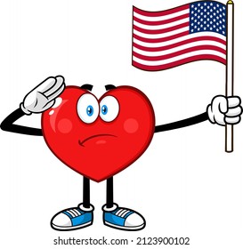 Patriotic Red Heart Cartoon Character Salute And Flashes US Flag. Vector Hand Drawn Illustration Isolated On White Background