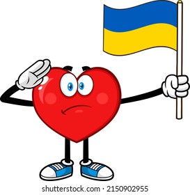 Patriotic Red Heart Cartoon Character Salute And Waving Ukraine Flag  Vector Hand Drawn Illustration Isolated On White Background