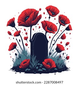 Patriotic Red Poppies And Grave Markers Silhouette Vector Graphic