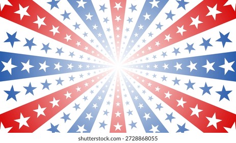 Patriotischer rot-weißer und blauer Hintergrund mit radialen Sonnenburststrahlen und Sternen für American Independence Day Vierte Juli oder Memorial Day Feierlichkeiten