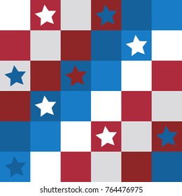 Patriotic red white and blue colored square and star seamless repeating background. Quilt-like style, vector format