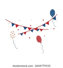 Patriotic Red White and Blue Flag Bunting with Festive Balloons and Confetti for Independence Day Celebration