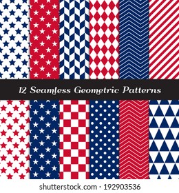 Patriotic Red, White & Blue Geometric Seamless Patterns. July 4th Backgrounds in Diamond, Chevron, Polka Dot, Checkerboard, Stars, Triangles, Herringbone & Stripes. Pattern Swatches with Global Colors