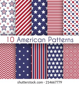 Patriotic red, white and blue geometric seamless patterns. Vector set with American symbols. USA flag.