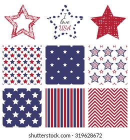 Patriotic red, white and blue geometric seamless patterns and hand-drawn textures star shapes. Vector set with American symbols. USA flag.