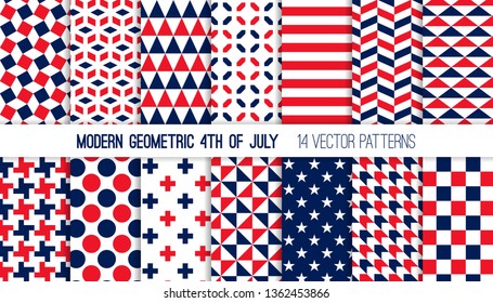 Patriotic Red White Blue Modern Geometric Vector Patterns. Bold Prints for 4th of July Party Decor. Independence Day Holiday Backgrounds. Repeating Pattern Tile Swatches Included. 