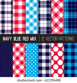 Patriotic Red, White, Blue Polka Dots, Gingham and Tartan Plaid Vector Patterns. July 4th Independence Day Backgrounds. Hipster Flannel Shirt or BBQ Tablecloth Textures. Pattern Tile Swatches Included