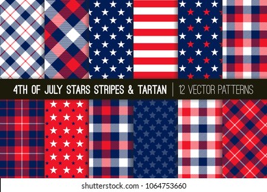 
Patriotic Red, White, Blue Stars and Stripes and Tartan Plaid Vector Patterns. July 4th Independence Day Backgrounds. Hipster Lumberjack Flannel Shirt Fabric Textures. Pattern Tile Swatches Included.