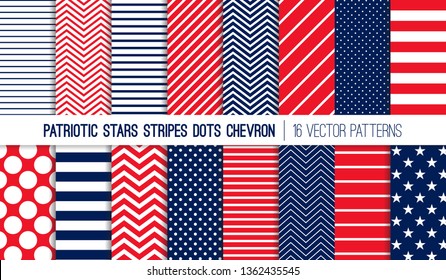 Patriotic Red White Blue Stars, Stripes, Polka Dots and Chevron Vector Patterns. July 4th Independence Day Backgrounds. Diagonal, Horizontal and Zigzag Stripes. Pattern Tile Swatches Included.