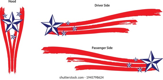 Patriotic red, white and blue stars and stripe graphics for any boat or vehicle. Wavy distressed paint brushed stroke or ink splash style stripes with nautical star designs. Illustrator eps vector.