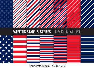 Patriotic Red White Blue Stars & Stripes Vector Patterns. July 4th Independence Day Backgrounds. Diagonal and Horizontal Striped Textures. Variable Thickness Lines. Pattern Tile Swatches Included.