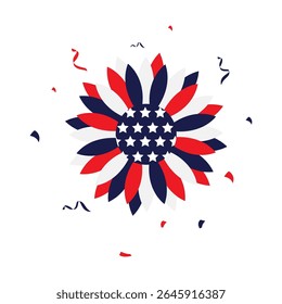Emblema de girassol branco e azul vermelho patriótico com estrelas e confetes para a celebração do dia da independência