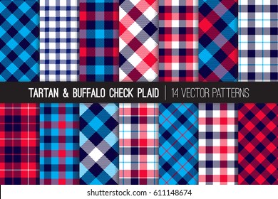 Patriotic Red, White, Blue Tartan and Buffalo Check Plaid Vector Patterns. Hipster Lumberjack Flannel Shirt Fabric Textures. July 4th Independence Day Backgrounds. Pattern Tile Swatches Included.