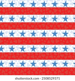 Patriotic Red and White Stripes with Blue Stars on a Textured Hearts Background creating a seamless pattern print background