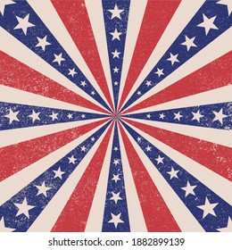 Patriotic retro burst with star. Vintage grunge background.