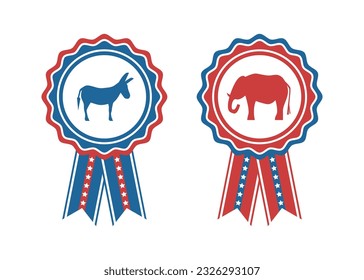 Patriotic Rosettes with elephant and donkey for voting 2024 presidential election. Isolated vector illustration on white background.	