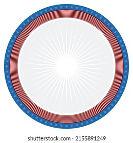 Patriotic round button template with American design: starry frame, white and red stripes inside it.