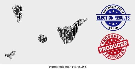 Patriotic Santa Cruz de Tenerife Province map and seal stamps. Red rounded Producer textured seal stamp. Black Santa Cruz de Tenerife Province map mosaic of raised up choice hands.