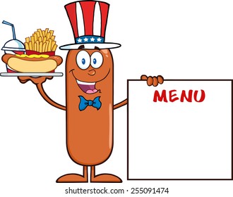 Patriotic Sausage Cartoon Character Carrying A Hot Dog, French Fries And Cola Next To Menu Board.Vector Illustration Isolated On White