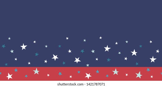 Patriotic scattered stars seamless border in red white and blue. Great for American holidays that honor Independence Day, Veterans, parades and celebrations. Banners, ribbon, graphic design uses.