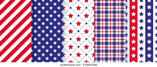 Patriotic seamless pattern. 4th July backgrounds. Vector.  Happy independence textures. Set of holiday geometric prints with stars, stripes and plaid. Simple modern endless illustration.