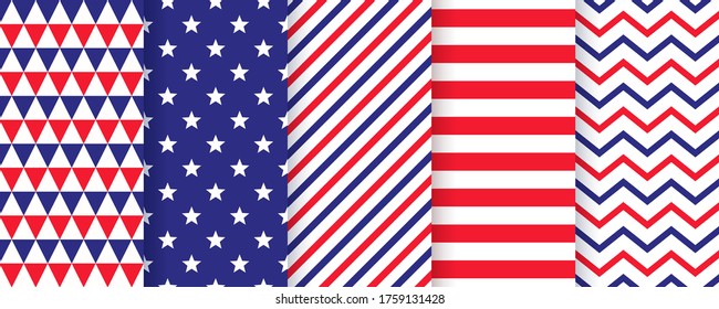 Patriotic seamless pattern. 4th July prints. Vector.  Happy independence day textures. Set of USA flag geometric backgrounds with stars, stripes, zigzag and triangles. Simple modern illustration.