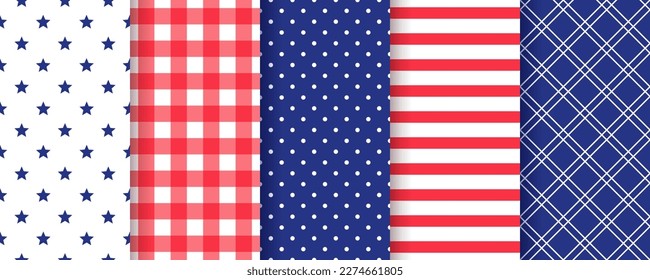 Patriotic seamless pattern. 4th July backgrounds. Happy independence textures. Set of holiday geometric prints with stars, stripes, polka dot and plaid. Modern endless wallpaper. Vector illustration.