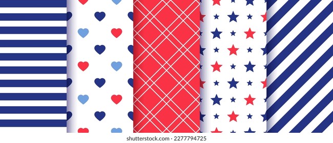 Patriotic seamless pattern. 4th July backgrounds. American Happy independence day prints. Set of USA flag geometric textures. Modern backdrop with stars, stripes, hearts and plaid. Vector illustration