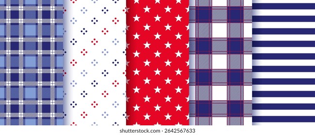 Patriotic seamless pattern. 4th July backgrounds. American Happy independence day prints. Set of USA flag textures. Backdrops with stars stripes and plaid. Blue red wrapping paper. Vector illustration