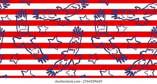 patriotic seamless pattern with hand drawn bald eagles and stars on red and white stripes background for usa independence day design