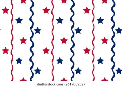 Patriotic seamless pattern with red and blue stars and wavy lines, festive American background for Independence Day, USA celebration, national holiday design, textile or wrapping paper
