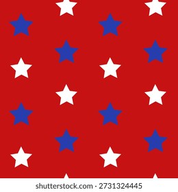 Patriotisches nahtloses Muster der Vereinigten Staaten. Traditioneller amerikanischer Hintergrund. Rot-weißblauer, sternförmiger Hintergrund. Vektormuster für Stoff, textile Tapeten, Einwickelpapier, etc.